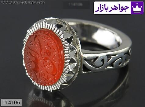 انگشتر نقره عقیق یمنی قرمز خاک تربت مردانه دست ساز [حسبی الله] - 114106